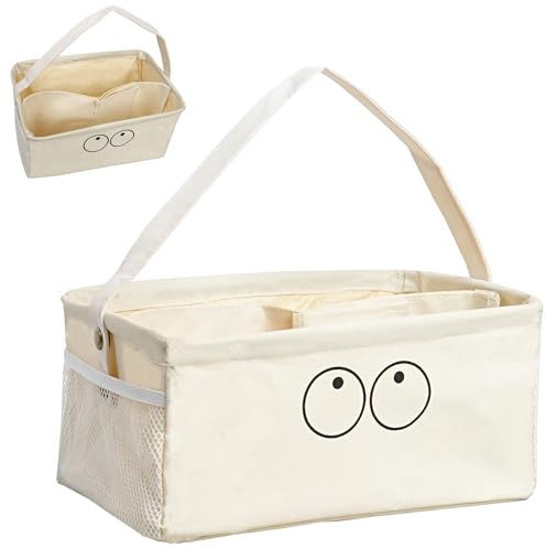 IHOMAGIC Cajas Organizadoras Plegable, Cestas Almacenaje Baño con Bolsillos y Asas, Cestas Organizadoras de Tela Portátil, Cesta Pequeña Ppara Guardar Artículos de Papelería, Cosméticos, Beige