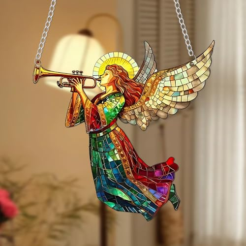 Acchiappasole natalizio in acrilico, angelo con tromba, da appendere alla finestra, decorazione natalizia per finestra, decorazione per la casa (rosso, 20 x 20 x 3 cm)