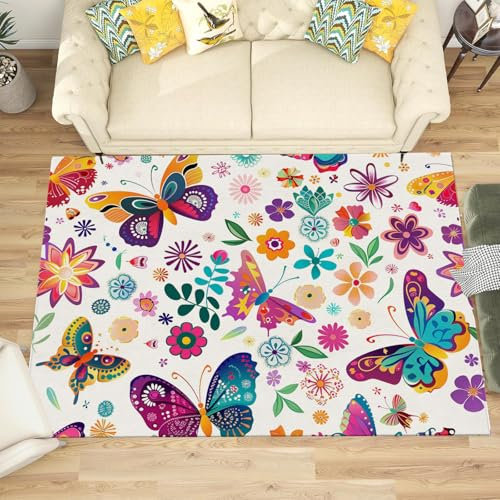 NAWVNMI Kinderzimmerteppich Antirutsch - Waschbar bis 30 Grad - Schmetterling - Kurzflor Kinderteppich Teppich für Kinderzimmer - Schmetterling Geblümt - Teppiche Junge Mädchen 160 x 230 cm