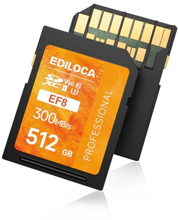 V60 UHS-II SD Karte 512GB, Speicherkarte SDXC mit bis zu 300 MB/s Lesen, 200 MB/s Schreiben für 4K/6K-Video & Profi-Fotografie (U3, V60, Class 10, UHS-II SD Card) - EF8_512GB