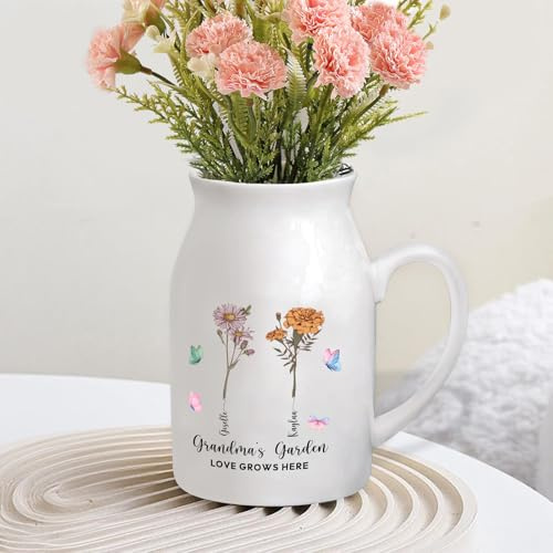 Jeweidea Personalisierte Keramikvase mit Gravur Namen Foto Geschenk für Mama, Geschenk für Oma, Muttertagsgeschenke für Mama, Weiße Blumenvase Esstisch Wohnzimmer Dekoration (Geburtstagsblume)