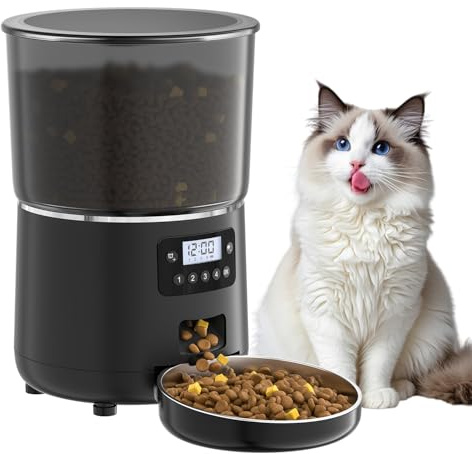 Bizcasa Comedero Gato 4L Automatico Dispensador 1-4 Comidas al DíA, Cubeta de Acero Inoxidable, Dispensador Comida con Temporizador, Dispensador Comida Gatos y Perros (Negro - Estándar - 4L)