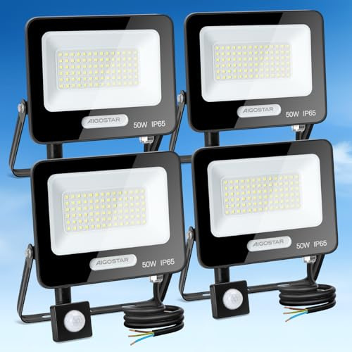 Aigostar- 50W Foco LED con Sensor Movimiento, Super Brillo Focos Exterior, 4600LM, Blanco Frío 6500K, IP65 Impermeable, Proyector LED Exterior, Perfectas para Jardín, Garaje, Patio, Paquete de 4