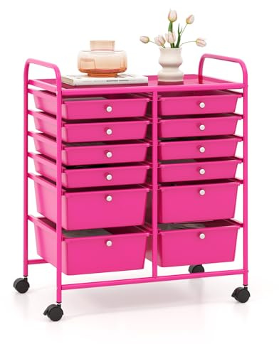 GOPLUS Rollwagen Schubladenwagen, Rollcontainer mit 12 stapelbaren Schubladen, Haushaltwagen auf Rollen mit Bremsen, Badtrolley Badregal, Aufbewahrungswagen für Heim und Büro (Hot Pink)