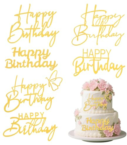 6 Stück Happy Birthday Tortendeko, Happy Birthday Cake Topper, Gold Cake Topper Geburtstag Acryl, Verschiedene Formen Kuchenaufsätze Für Torten Geburtstags Party Dekorationen