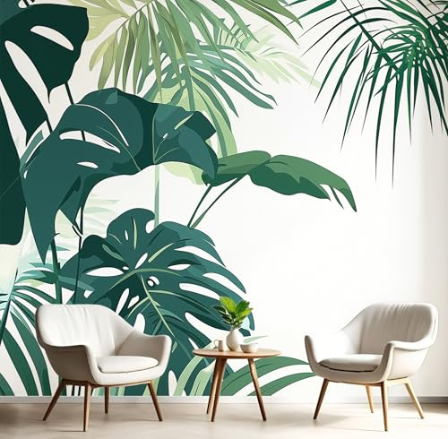 Papel Tapiz Fotográfico 3D Verde Blanquecino Monstera De Hoja De Palma 400X280Cm Pintado Panorámico,Plantas Tropicales Murales Decoración Pared Moderna Para Cuarto De Niño Dormitorio Salón Oficina