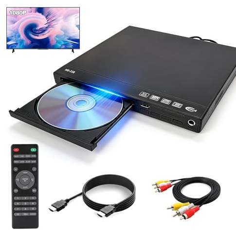 Mini DVD Player, DVD/CD Player for TV, All Region Free HDMI DVD Player for Smart TV Support 1080P Full HD with USB Input, Remote Control, AV/HDMI Cables, Compact DVDs Player for Home Use