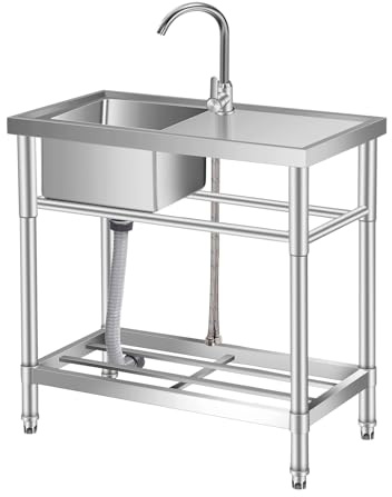 Garvee Edelstahl Spültisch, Freistehende Küchenspüle 1 Becken, 76x41x76CM Gewerbliche Spülbecken Mit Wasserhahn Kalt Und Warmwasserschläuchen, Für Waschküche Outdoorküche Gastro Geschäft Restaurant