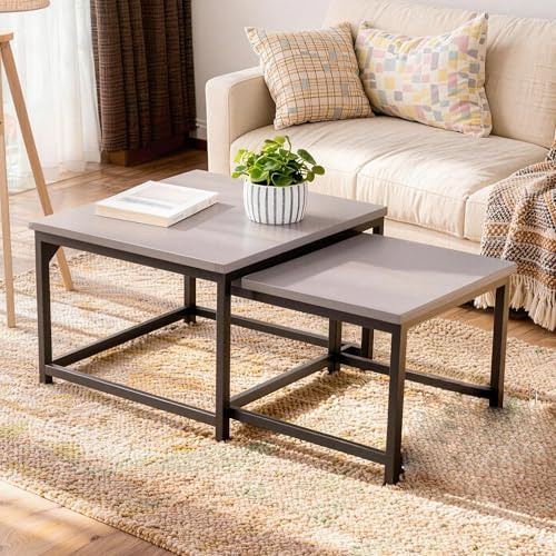 Erlium Ouchtisch Square, Satztisch 2er Set, Wohnzimmertisch mit Schwarz Metallgestell, Beistelltisch Set, Couchtisch Marmor Optik Sofatisch für Wohnzimmer für Wohnzimmer, Schlafzimmer, Büro, Grau