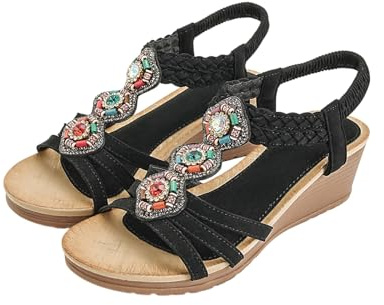 Nuoke sandalias,cuñas negras, planas con tiras en T y cuentas para, con piedras preciosas de colores y elástico Esparto Cuña (Black, 40)