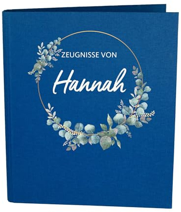 Striefchen® Zeugnismappe personalisiert mit Name – Leinenstoff – 5 Farben zur Auswahl – Eukalyptuskranz Motiv – DIN A4-4-Ring-Ordner für Schüler, Studenten, Abiturienten, Schulzeugnisse (Blau)