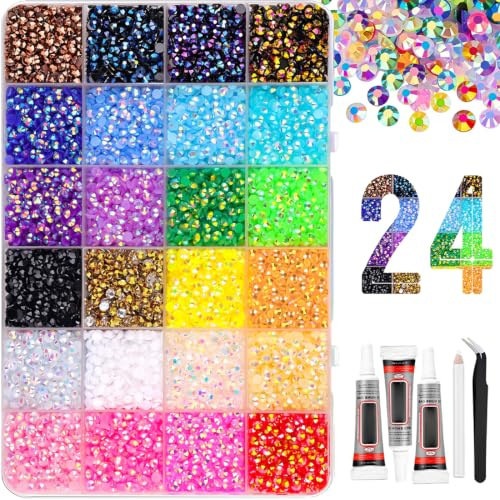 FUHAMJ Bedazzling Kit, Strass Unghie 28800 Pezzi, 24 Colori Brillantini Unghie Nail Art con Pinzetta, Colla e Penna per Punteggiatura, Kit DIY per Decorazione Unghie Fai da Te 3mm