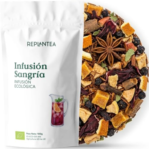 REPLANTEA Infusión Sangría Sin Alcohol Ecológica 100 g – Sangría Mocktail 100% Natural con Hibisco, Manzana y Frutas – Sin Teína ni Azúcares Añadidos – Fría o Caliente – Rinde 50 Tazas