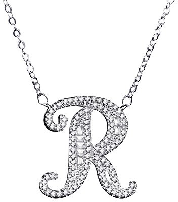 Uloveido Initial R Letter White Gold Plated Necklace Pendant for Women Girls Kids Mom Friend with Cubic Zirconia Stone CZ Crystals NL025