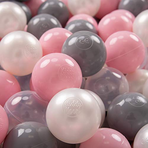 KiddyMoon 300 Ø 7 cm barnbollar lekbollar för bollbad baby plastbollar tillverkade i EU, pärla/grå/transparent/puderrosa