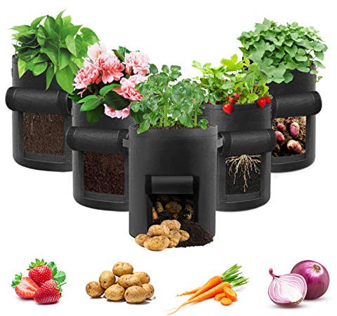 Potato Grow Bag, 5 Pack 7 Gallon Vegetable Grow Plant Bags Breathable Garden Growing Bag Planting Tomato Fabric Pots with Strap Handles and Access Flap for Vegetables, Fruits, Home Grow Bag (Black)