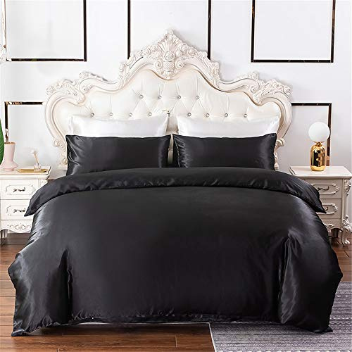 Set di biancheria da letto in seta satinata, 3 pezzi, set di biancheria da letto in tinta unita e brillante, con federa (king size, nero)