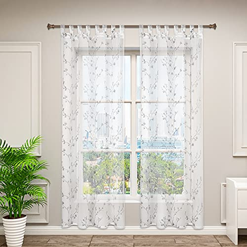 WOLTU Gardinen mit Schlaufen Blumenstickerei halbtransparent 140x225cm Grau | 2er Set Schlaufenschal und Leinenoptik Vorhänge für Wohnzimmer Schlafzimmer, moderne Stores mit weichem Licht, Länge 225 cm