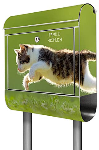 banjado® Briefkasten mit Standfuß personalisiert Motiv Jagende Katze - Stand Briefkasten Edelstahl mit Zeitungsfach - Postbox/Postkasten A4 Einwurf inkl. Montagematerial & 2 Schlüssel