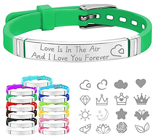 CAMAL Armband mit Gravur, Verstellbares Silikon Armband mit ID-Tag Aus Edelstahl, Personalisiertes Armband für Familie Paar Freunde (Grün)