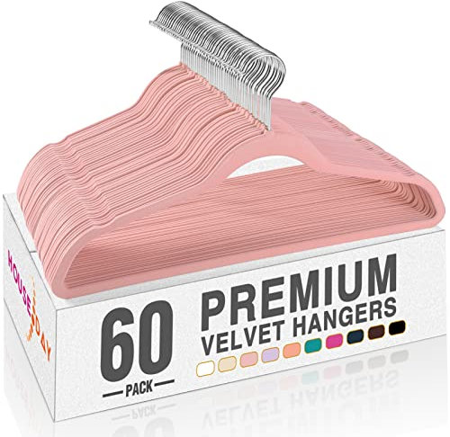HOUSE DAY Lt Pink Velvet Hangers 60 Pack, Non Slip Clothes Felt Hanger Heavy Duty for Coat, Premium Slim Space Saving Suit Hangers for Closet Organizer, 360° Rotating Silver Hook