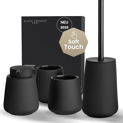 Black Sweden Home - Komplettes Badezimmer-Zubehör-Set: Hochwertige Keramik, Seifenspender, 2 Gläser, abnehmbare WC-Bürste - nordisches Design, matt schwarz, 4 Stück