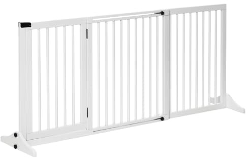 PawHut Barrera para Perros Extensible 3 Paneles 113-166x36x71 cm Blanco | Barrera de Seguridad para Perros, Longitud Ajustable, Marco de Madera, Soporte de Pie