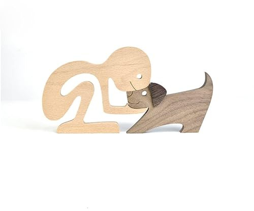 Joayuezo Holzfiguren Skulptur Ornamente Set, abstrakte Stil Menschen mit Hund Statue Handwerk Statue Skulptur Ornament Minimalistisches Dekor für Schlafzimmer, Heimbüro, Regal (02)