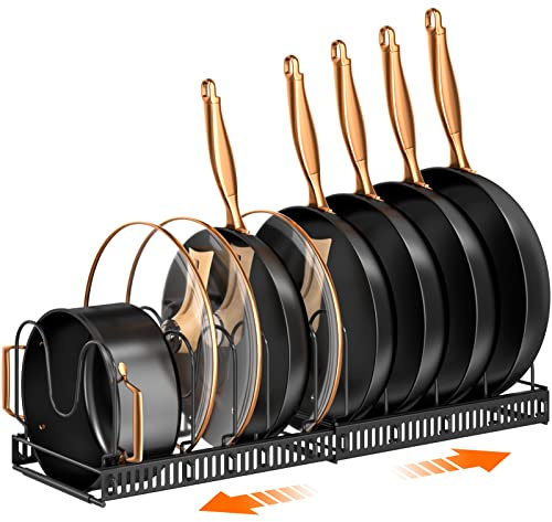 MUDEELA Pots and Pans Organizer Rack for under Cabinet, Expandable 11.81''-22.85'' Pot Lid Kitchen Cabinet Organizer Holder with 10 Adjustable Compartment Cutting Board Organizer for Pan Lid, Bakeware