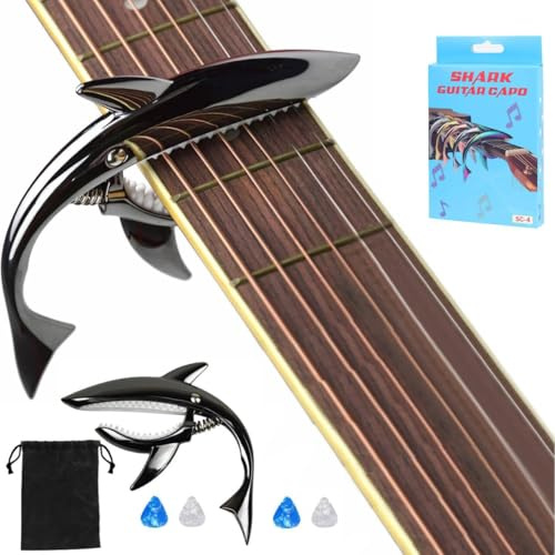 Norhogo Cejilla de guitarra Capotraste Shark para guitarra acústica y eléctrica con dos púas de guitarra para guitarra de 6 cuerdas. Tiene una belleza fresca única con buena sensación al tacto (negro)