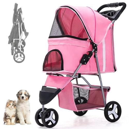 RUYICZB Hundewagen Mit 3 Rädern, Hundebuggy Faltbare Mit Aufbewahrungskorb, 360° Vorderrad, Hinterrad Mit Bremse, Haustier Kinderwagen Für Kleine Mittlere Hunde & Katzen,Rosa