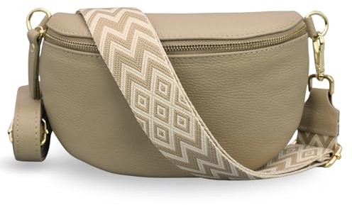 Adel Bags EMMA Gold Bauchtasche Echtleder Handgefertigt Crossbody Bag | Damen Umhängetasche, Echtes Leder, Schultertasche mit Ledergurt & wahlweise gemustertem Riemen, 2 Fächer, Made in Italy