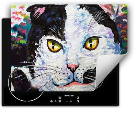 DarHaus Herdabdeckplatte 1 teilig 80x52 cm Küche Herdabdeckung Ceranfeld Herdabdeckplatten Anti Rutsch Matte Aufrollbar, bunt - Katze