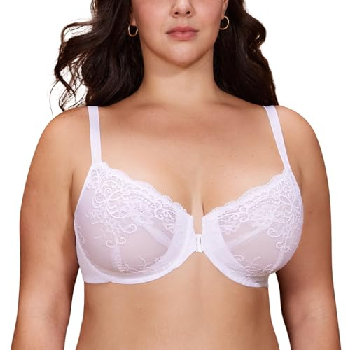 DELIMIRA Women's Front Fastening Lace Underwire Bras | Sheer, Plus Size, Full Coverage, Sexy, Plunge, Unlined