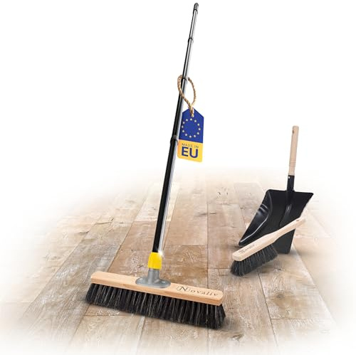 Novaliv Saalbesen Besen mit Stiel 40 cm Borsten Haarmischung inkl. Kehrgarnitur schwarz bestehend aus Kehrblech und Handfeger Besen fein Ideal als Werkstattbesen Hallenbesen mit Stiel Industriebesen