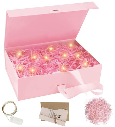Geschenkbox mit Deckel, Faltbare Geschenkbox Hochzeit, Magnetbox mit Schleife, LED-Leuchten, Grußkarte, 23 X 17 X 7 cm, Geeignet für Weihnachten, Geschenkverpackung Geburtstag, Jubiläum-Geschenk Box
