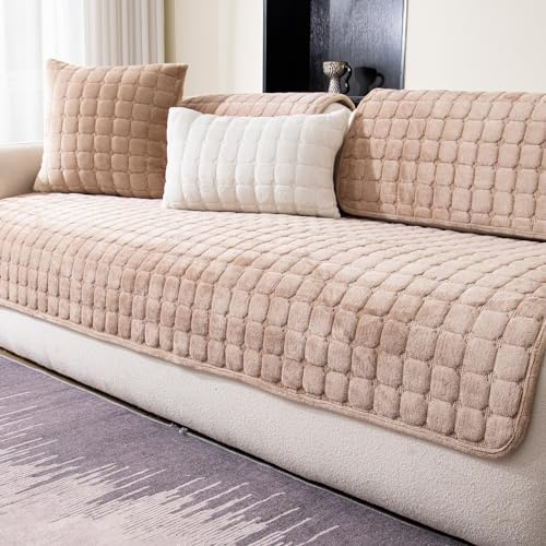 MDSASFD Velvet Couch Cover, Washable Sectional Sofa Cover, Anti Slip Sofa Slipcover for 3 Cushion Couch Sofa L Shaped Armrest Backrest, Furniture Protector Covers for Pets Kids(Khaki, Only 1 PCS)