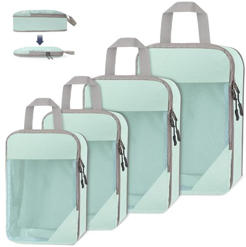 WUFANC 4 Stück Packwürfel Kompression, Kofferorganizer Packtaschen Set Leicht Zu Verstauende, Atmungsaktiv Sichtbar Netzstoff Koffer Organizer Set, Langlebig Mesh Travel Organizer (Blau)