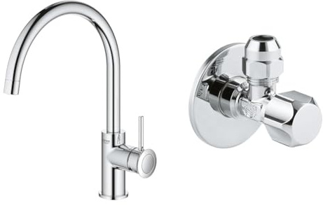 GROHE Start Classic - Einhand- Spültischarmatur & Eckventil (Wandanschluss, ergonomischer Griff, vereinfachtes Eindichten, wassergeschützte Spindelabsperrung), chrom, 22029000
