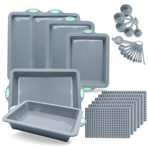To encounter 29 Pieces Silicone Baking Sheet Pans Set, Non-Stick Silicone Cookie Sheet with Baking Mats, Heat Resistant Baking Tray Sets, with Metal Reinforced Frame More Strength, Light Grey