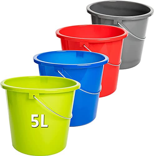 Lot de 4 seaux Eco - 5 l - Plastique - Anthracite, Rouge, Vert, Bleu - Échelle de mesure - Qualité alimentaire - Robuste