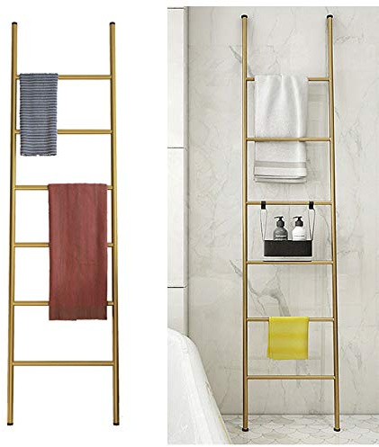 CAFIEDR Mensole da Bagno Scaletta Trapunta Indipendente, Scaletta per Asciugamani in Metallo Appoggiata a Parete Rustica da 5,5 Ft, Portascale per Coperta per Bagno, Soggiorno, Cucina Oro,Oro