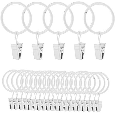 Lot de 25 anneaux de suspension blancs avec clips – Anneaux de draperie pour tringles à rideaux et cintres de douche