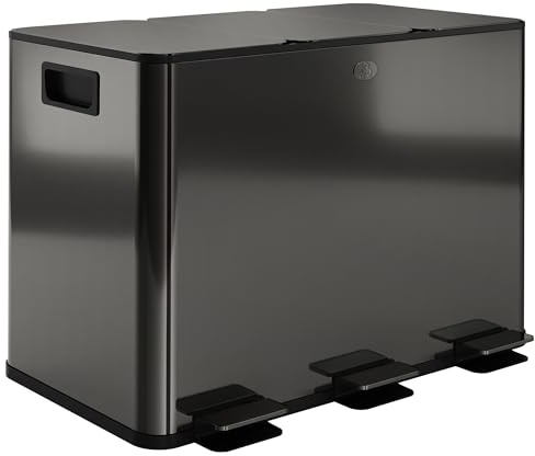 HOMCOM Poubelle Cuisine 3 x 15L Tri Sélectif 3 Compartiments Noir Brillant | Acier Inoxydable, Pédale, Seaux Intérieurs Amovibles, Couvercle à Fermeture en Douceur, Poignées, Anti-Traces