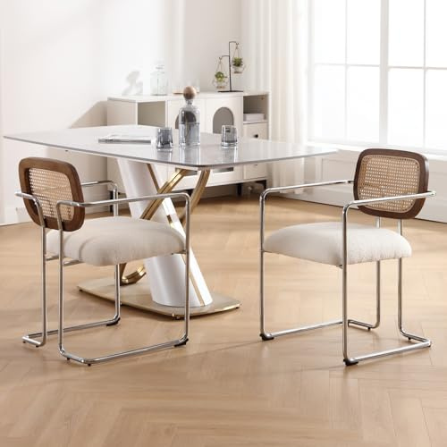 chairus Chaise de Salle à Manger Lot de 2 Chaise Rotin en Fausse Fourrure Fauteuil Salon Chaise de Cuisine avec Pieds en Métal, Blanc