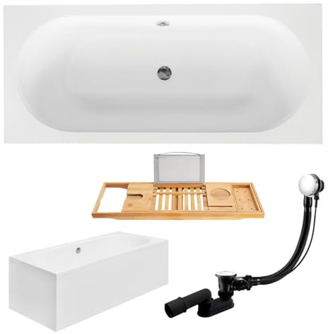 BADLAND Premium Set 5in1 Badewanne Rechteck Acryl Weiß Wanne VITAE 160x75 cm, Made in EU + Verkleidung (AcrylSchürze) + Bambus Badewannenablage, Moderne Design, mit Ablaufgarnitur und Füßen