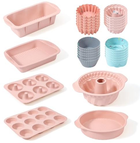Nchdewui Nonstick Silicone Bakeware Set, Cake Bread Pan Muffin Cupcake Tray, 30 Pcs Baking Cake Mould, Heat Resistant Bakeware Utensils Mold Tools Kit for DIY Loaf Bread Cheesecake (Pink)