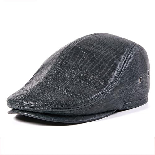 SYXSM Lederhut für Herren, Leder Schiebermütze, Newsboy-Mütze mit Ohrenklappen, Hut aus Krokodilleder, Flatcap, Warm, Ohrenschutz,Schwarz,XXL