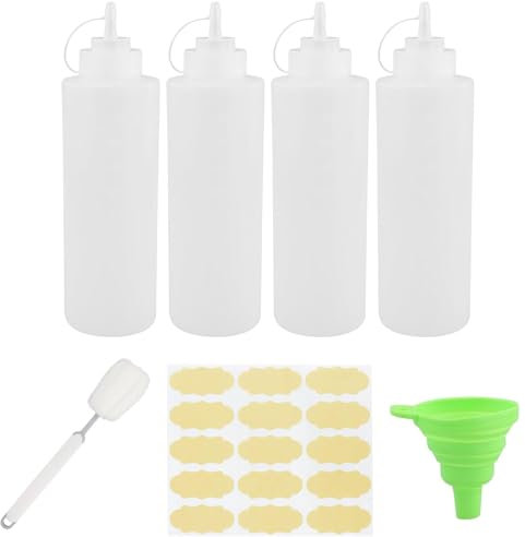 JRSHIRLEYLTD Set di 4 bottiglie da spremere in plastica con tappi, bottiglie per spezie riutilizzabili con 1 pennello per tazza, 1 imbuto e 1 adesivo in carta kraft per pittura, cottura