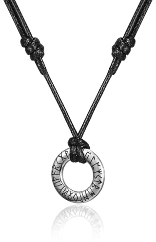 HSWYFCJY Collar Vikingo Runa Hombres Trenzado de Cuero Collar de Plata Redondo Runa Colgante Acero Inoxidable Nórdico de Talismán Joyería Regalos para Hombres Mujer